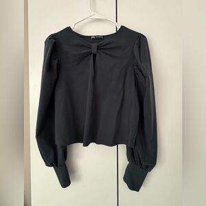 Zara Green/Gray Long-Sleeve Bow-Detail Blouse